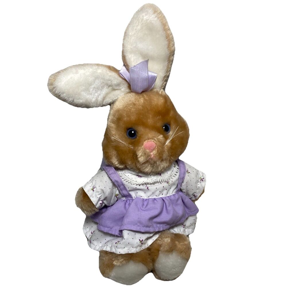 Vintage Dakin Easter Bunny Plush In Purple Jumper Tan with Purple Eyes 12 in